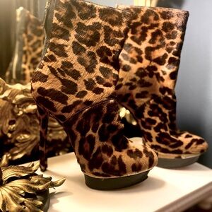 Brian Atwood Leopard Print Fur Platform Booties W/ Zipper